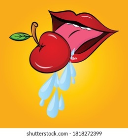 Eating Apple, Red Female Lips- Teasing Tongue, Tongue Vector Illustration
