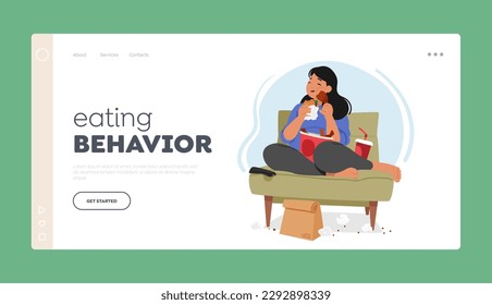 Eating Behavior Landing Page Template. Overweight Woman Is Consumed By Her Obsession With Eating, can not Control Her Impulses And Find Balance In Her Life. Cartoon People Vector Illustration