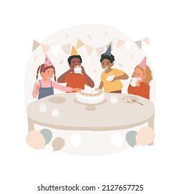Eating Birthday cake isolated cartoon vector illustration Celebration, having fun, kids with dirty faces with cream, sitting at the table, children party, eating Birthday cake vector cartoon.