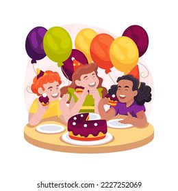 Eating Birthday cake isolated cartoon vector illustration. Celebration, having fun, kids with dirty faces with cream, sitting at the table, children party, eating Birthday cake vector cartoon.