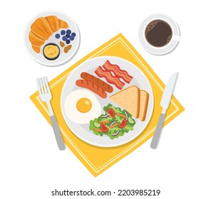 Desayuno con croissants recién hechos y café por la mañana. El desayuno es la primera comida de un día de vida. alimentos con beneficios. Desayuno tradicional