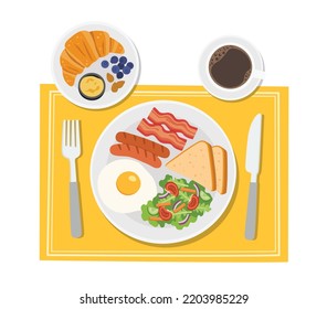 Desayuno con croissants recién hechos y café por la mañana. El desayuno es la primera comida de un día de vida. alimentos con beneficios. Desayuno tradicional