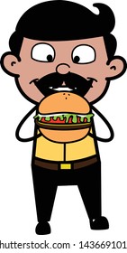 Eating Burger - Indian Cartoon Man Father Vector Illustration