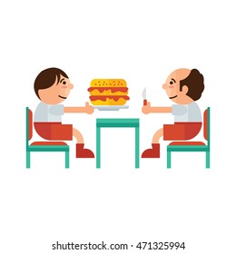 eating burger restaurant cartoon green, orange color