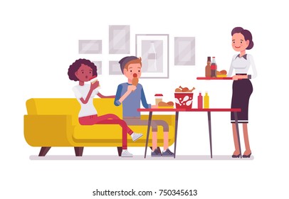 Comer en la cafetería. Joven y mujer comiendo deliciosos platos y bebidas, comiendo con amigos, una breve cena para reunirse en un lugar acogedor. Dibujo de dibujos animados de estilo plano vectorial aislado en fondo blanco