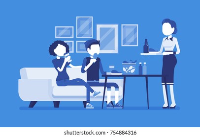 Eating at the cafe. Young people sitting in small cozy restaurant where the lady serves them coffee and snacks. Business style vector concept illustration