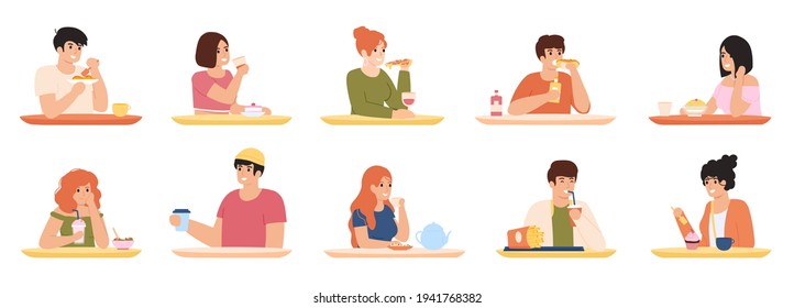 Eating characters. Men and women eating delicious food, characters having lunch. People eating delicious meal vector illustration set