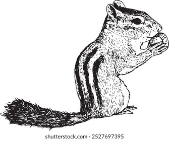 Eating chipmunk with acorn - hand drawn realistic vector critter illustration