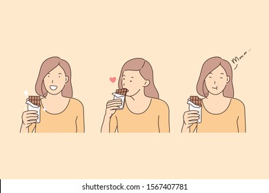 Eating chocolate, happiness hormone, endorphin production concept. Young woman with yummy, happy girl biting chocolate bar, taste enjoyment, positive emotion, joyfulness. Simple flat vector