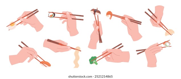 Eating with chopsticks. Hands holding chopstick, asian style utensils and eat food, sushi dumplings noodles vegetables. Chinese japanese racy vector set