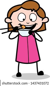 Eating with Chopsticks - Retro Office Girl Employee Cartoon Vector Illustration