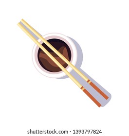 Eating chopsticks sushi fork set with soy sauce isolated on white background
