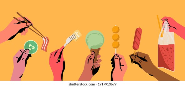 eating concept, human hands holding different foods and drinks such as meatball, sausage, ice cream, flat vector illustration