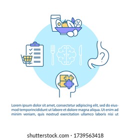 Icono de concepto de control de alimentación con texto. Nutrición, lista de compras y elaboración de menús. Plantilla vectorial de página PPT. Folleto, revista, elemento de diseño de folletos con ilustraciones lineales