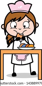 Eating Cookies - Retro Cartoon Waitress Female Chef Vector Illustration