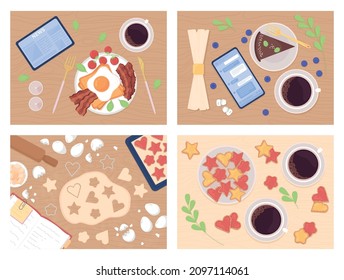 Eating and cooking flat color vector illustration set. Morning routine with breakfast and news on tablet. Piece of cake in cafe. Top view 2D cartoon illustration with desktop on background collection