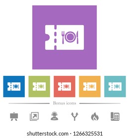 Eating discount coupon flat white icons in square backgrounds. 6 bonus icons included.