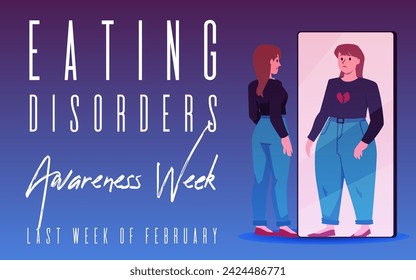 Eating disorder awareness week banner. Anorexia disease symptom. Cartoon sad skinny woman is fat in the mirror reflection, obesity person. Mental health problem support vector illustration