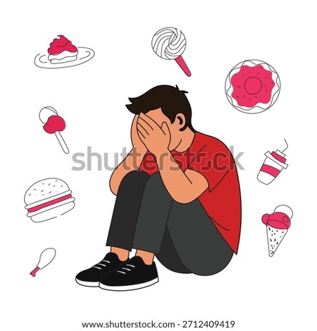 Eating disorder concept with distressed man and food cravings