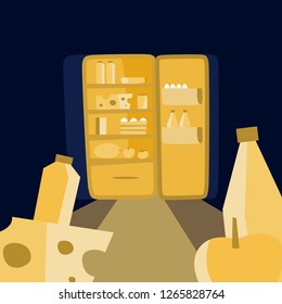 Eating disorder concept. Problem with food and weight. Eating at night. Fridge full of product. Isolated flat vector illustration