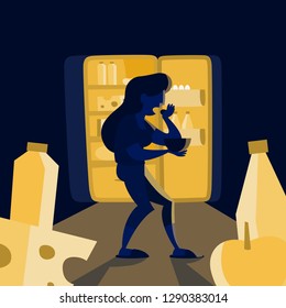 Eating disorder concept. Problem with food and weight. Eating at night. Isolated flat vector illustration