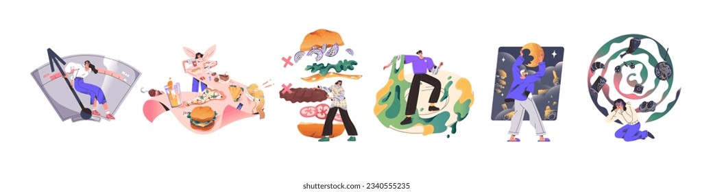 Eating disorder concept set. Sad people have wrong nutrition, psychological problems, overeating and obesity, eat fast, junk, fat, unhealthy food. Flat isolated vector illustration on white background