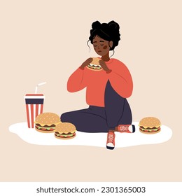 Eating disorder. Depressed african woman eating fast food. Concept of extreme overeating. Bad habits. Food addiction. Vector illustration in flat cartoon style.