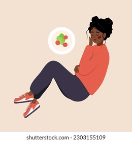 Eating disorder. Depressed african woman is lying on floor and feeling nausea from food. Bulimia or anorexia concept. Girl with mental problems. Vector illustration in flat cartoon style.