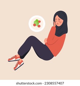 Trastorno de la comida. Una mujer árabe deprimida está tumbada en el suelo y siente náuseas por los alimentos. Concepto de Bulimia o anorexia. Niña con problemas mentales. Ilustración vectorial al estilo de las caricaturas planas.