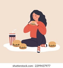 Eating disorder. Depressed woman eating fast food. Concept of extreme overeating. Bad habits. Food addiction. Vector illustration in flat cartoon style.