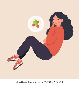 Trastorno de la comida. La mujer deprimida está tumbada en el suelo y siente náuseas por la comida. Concepto de Bulimia o anorexia. Niña con problemas mentales. Ilustración vectorial al estilo de las caricaturas planas.