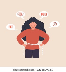 Eating disorder. Depressed woman measuring her waist with measuring tape. Mental problems. Food addiction. Bulimia or anorexia concept. Vector illustration in flat cartoon style.