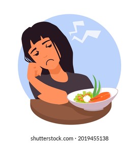 Eating disorder. A girl with no appetite for food. A woman not hungry, hate fish, seafood. Refusing to eat. A teenager disgust by meal. A vector cartoon illustration.