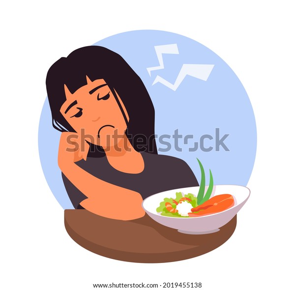 Eating disorder. A girl with\
no appetite for food. A woman not hungry, hate fish, seafood.\
Refusing to eat. A teenager disgust by meal. A vector cartoon\
illustration.