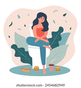 Trastorno alimenticio. Chica purga después de comer. Chica triste sentada en el baño, comida rápida cerca de ella. Comer en exceso. Malos hábitos. Adicción a la comida. Problema de bulimia.