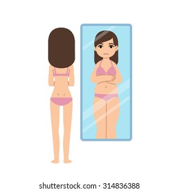 Eating disorder illustration: thin girl seeing herself overweight in mirror. Anorexia or bulimia concept.