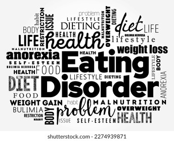 El trastorno alimentario es un trastorno mental definido por conductas alimentarias anormales que afectan negativamente la salud física o mental de una persona, fondo de concepto de nube de palabras