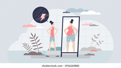 Eating disorder as mental overweight appearance problem tiny person concept. Unhealthy psychological self reflection with loss of thin body acceptance and disappointment symptoms vector illustration.