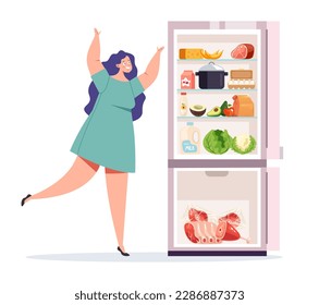 Eating disorder open fridge late night obese gluttony concept. Vector graphic design illustration