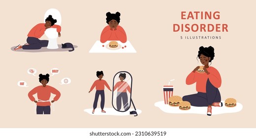 Eating disorder. Sad african woman worries about being overweight. Overeating, bulimia, anorexia. Food addiction concept. Rejection of yourself. Set of vector illustrations in flat cartoon style.