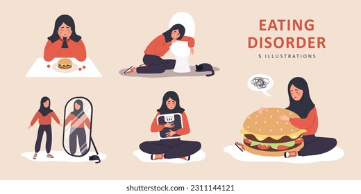 Eating disorder. Sad arabian woman worries about being overweight. Overeating, bulimia, anorexia. Food addiction concept. Rejection of yourself. Set of vector illustrations in flat cartoon style.