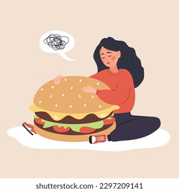 Eating disorder. Sad woman hugging huge hamburger and worries about being overweight. Overeating, bulimia, anorexia. Food addiction concept. Vector illustration in flat cartoon style.