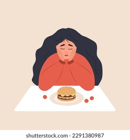 Eating disorder. Sad woman looks at hamburger and worries about being overweight. Overeating, bulimia, anorexia. Food addiction concept. Vector illustration in flat cartoon style.