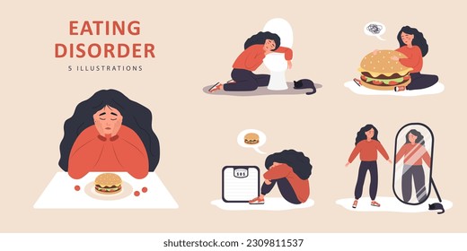 Trastorno de la comida. A la mujer triste le preocupa el sobrepeso. Exceso de comida, bulimia, anorexia. Concepto de adicción a los alimentos. Rechazo de ti mismo. Conjunto de ilustraciones vectoriales al estilo de dibujos planos.