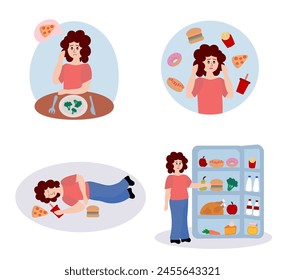 Eating disorder. Sad woman worries about being overweight. Overeating, bulimia, anorexia. Food addiction concept. Rejection of yourself. Set of cartoon flat vector illustrations.