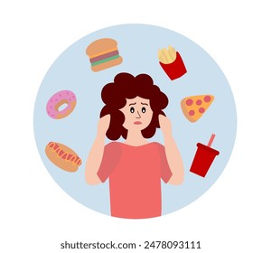 Eating disorder. Sad woman worries about being overweight. Overeating, bulimia, anorexia. Food addiction concept. Rejection of yourself. Cartoon flat vector illustration.