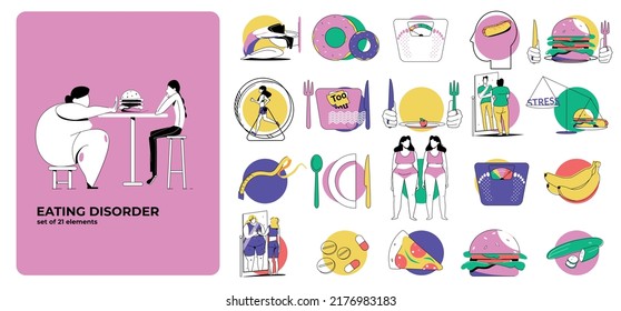 Eating disorder set with isolated compositions of flat conceptual icons with food and human obesity causes vector illustration