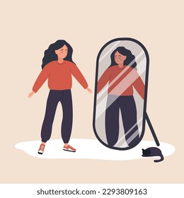 Eating disorder. Slim woman looking herself fat in mirror and feel insecure human. Rejection of yourself. Bulimia or anorexia. Girl with mental problems. Vector illustration in flat cartoon style.