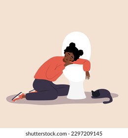 Trastorno de la comida. Mujer africana insalubre sentada en el piso apoyándose en el baño y sintiendo náuseas de la comida. Concepto de Bulimia o anorexia. Niña con problemas mentales. Ilustración vectorial al estilo de las caricaturas.