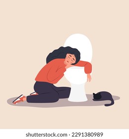 Trastorno de la comida. Mujer insalubre sentada en el piso apoyándose en el baño y sintiendo náuseas de la comida. Concepto de Bulimia o anorexia. Niña con problemas mentales. Ilustración vectorial al estilo de las caricaturas planas.